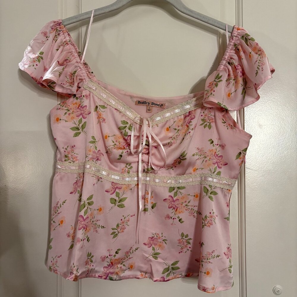 Pink Satin Floral Cap-Sleeved Summer Top
